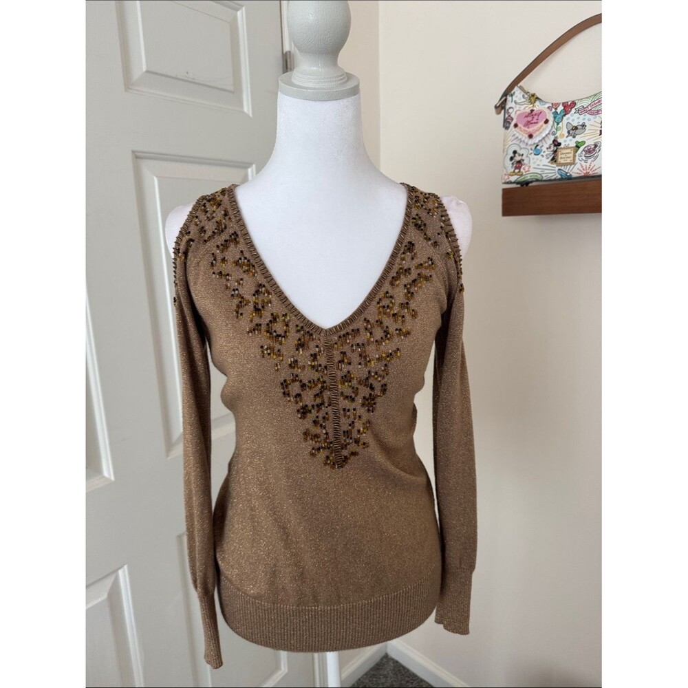 Cache Brown Beaded V‑Neck Women’s Sweater